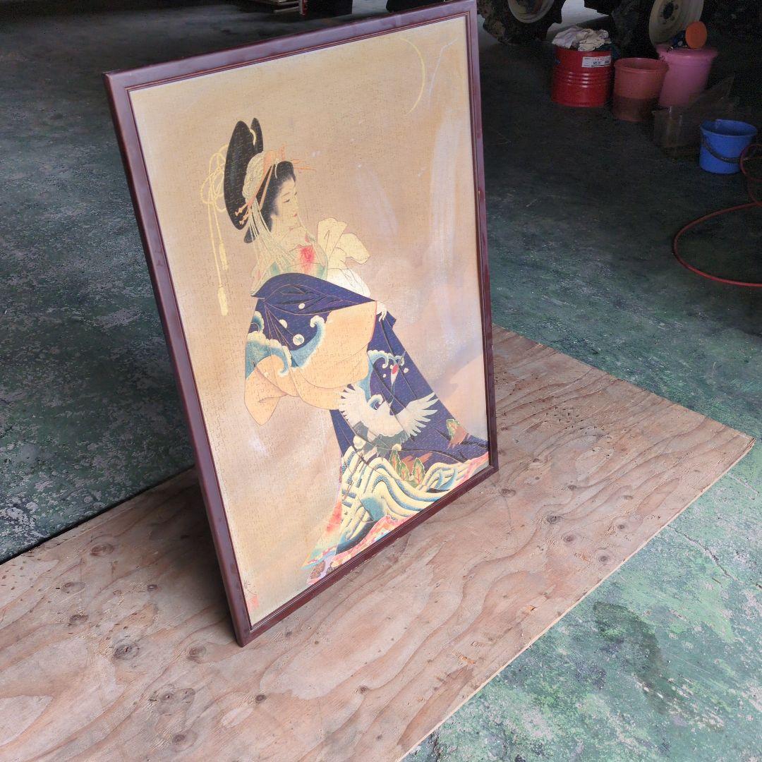浮世絵 女性と鳥 金色背景ジグソーパズル