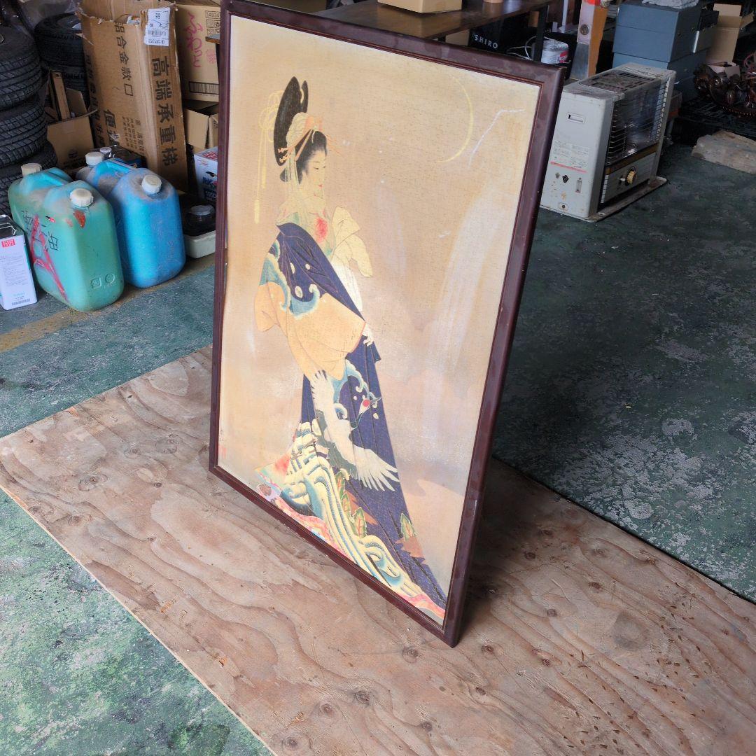 浮世絵 女性と鳥 金色背景ジグソーパズル