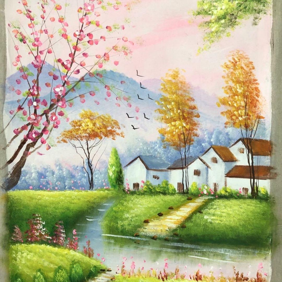 純手描き 油画 風景画 吴冠中 作品図 中国絵画 約100×70cm 未表装