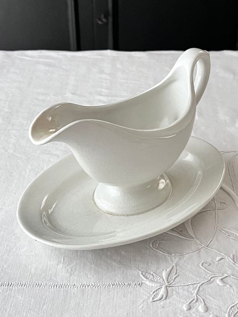 【美品】フランスアンティーク ホワイト陶器のソーシエールおさじセット[3817]