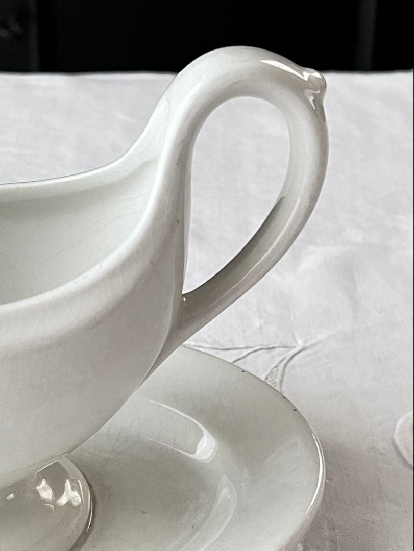 【美品】フランスアンティーク ホワイト陶器のソーシエールおさじセット[3817]