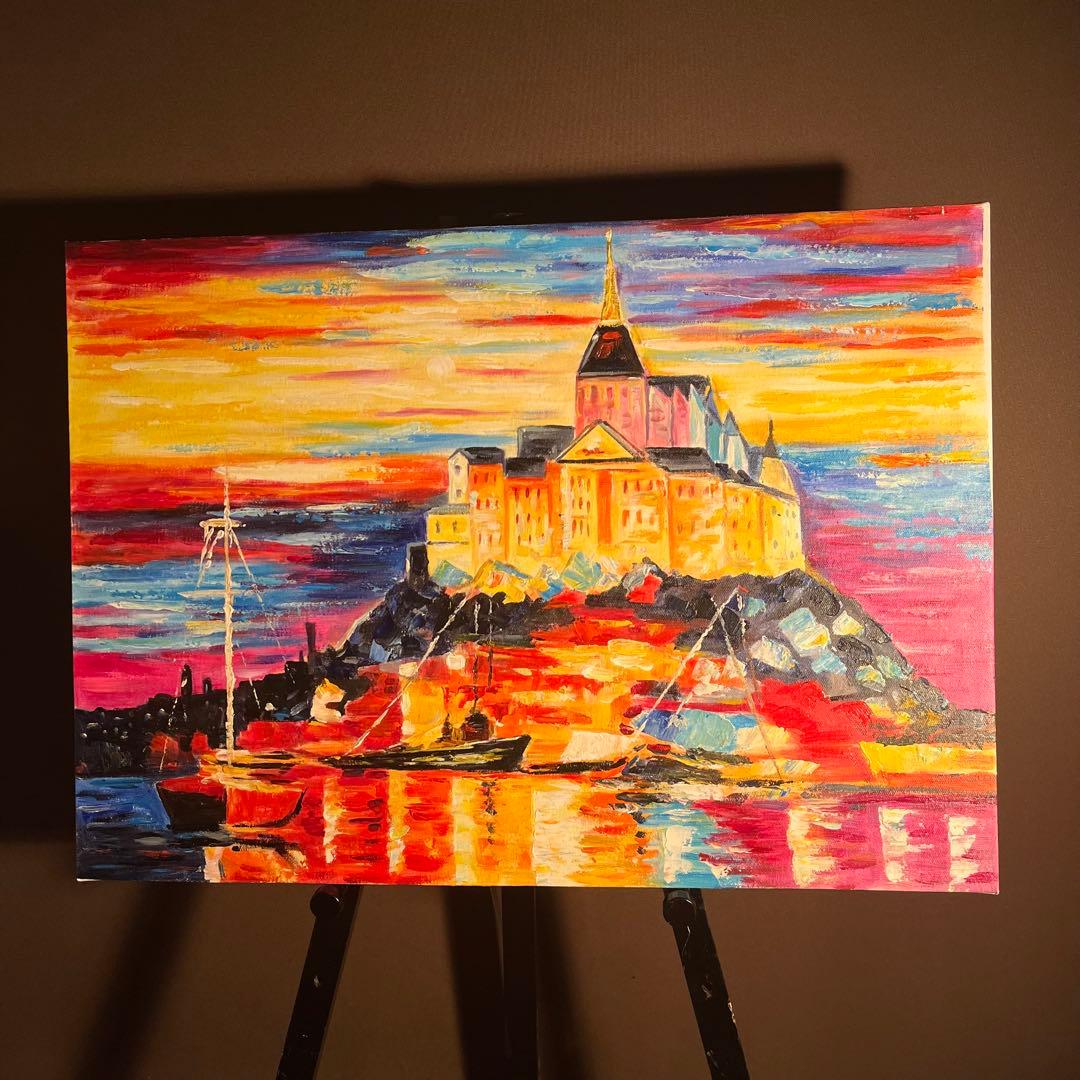 手書き油絵 モンサンミッシェル 肉筆絵画 インテリア 油彩画