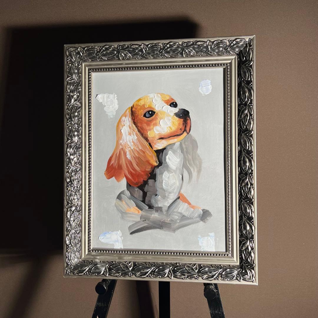 手書き油絵 キャバリア 愛犬 額付 肉筆絵画 インテリア 油彩画
