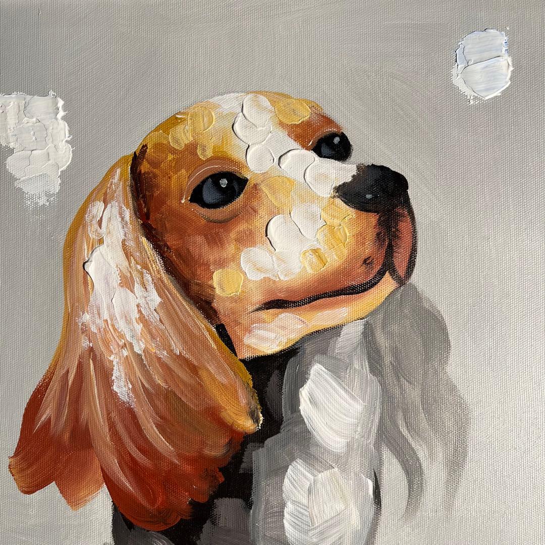 手書き油絵 キャバリア 愛犬 額付 肉筆絵画 インテリア 油彩画