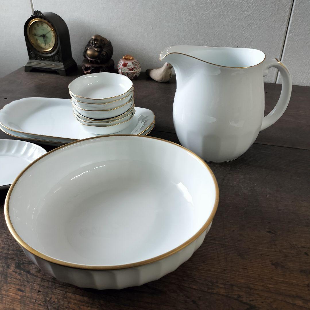 三菱石油　非売品記念品　大倉陶園　ピッチャー　小皿　ボウル鉢　オーバル長皿　金彩