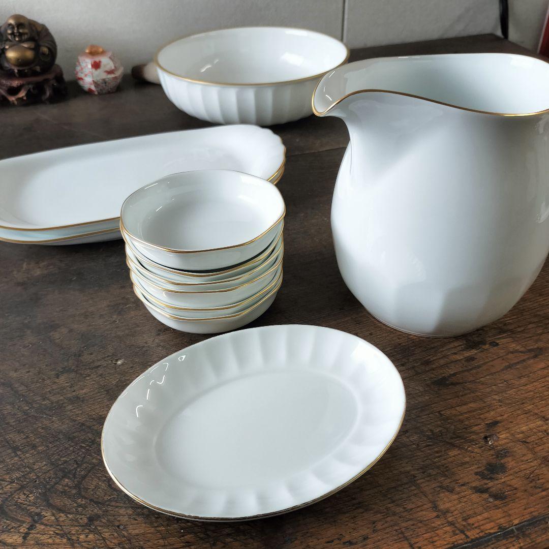 三菱石油　非売品記念品　大倉陶園　ピッチャー　小皿　ボウル鉢　オーバル長皿　金彩