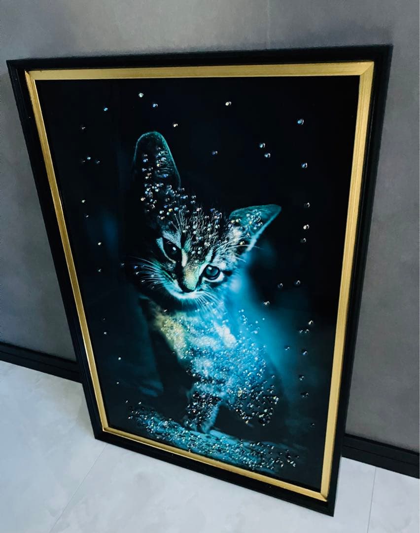 クリスタルアートパネル 水晶絵 水晶パネル 絵画 猫 キャット モノトーン 青黒