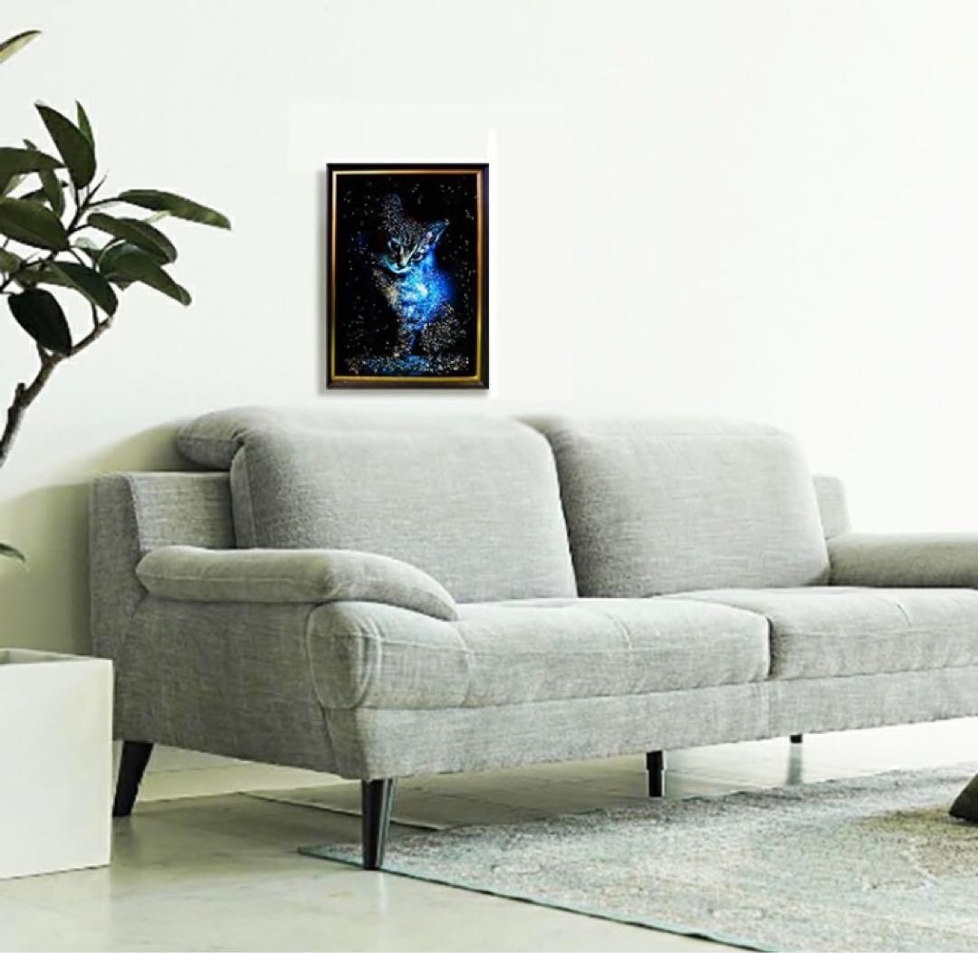 クリスタルアートパネル 水晶絵 水晶パネル 絵画 猫 キャット モノトーン 青黒