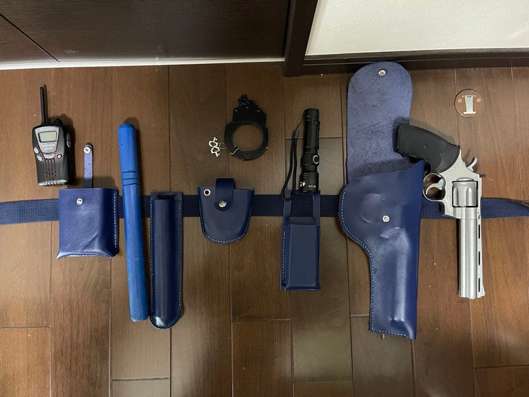 ホルスターベルト付き　警察風　ブルー牛本革ハンドメイド　おまけ警棒付