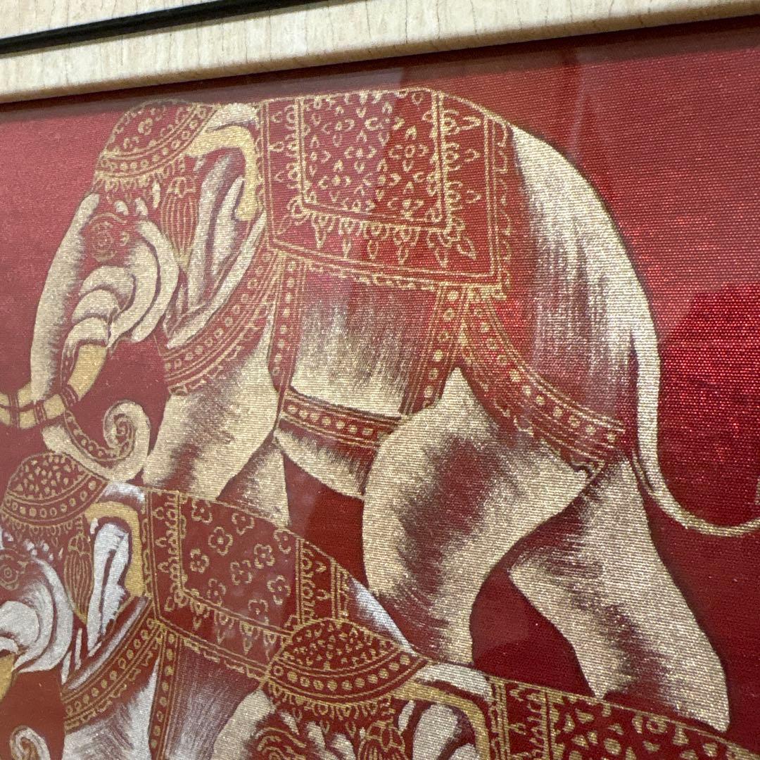 タイ 美術品 シルク地絵 神の使いの白象 額装