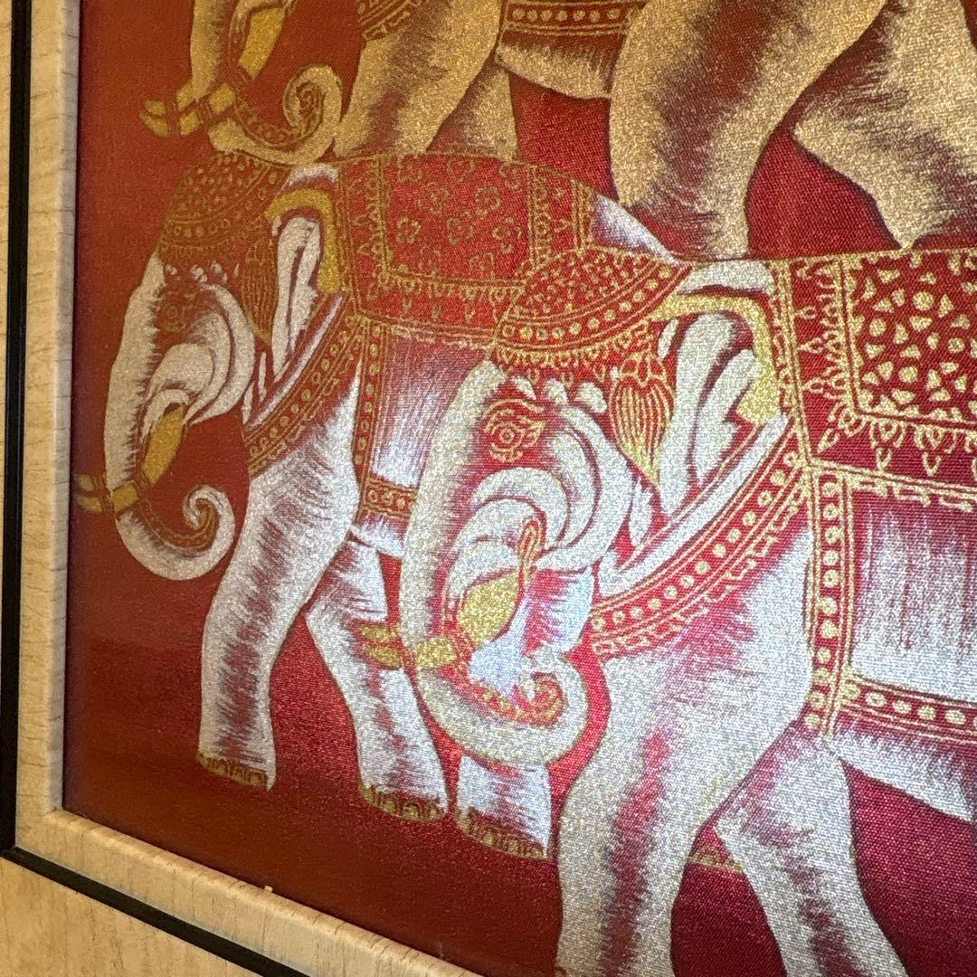 タイ 美術品 シルク地絵 神の使いの白象 額装