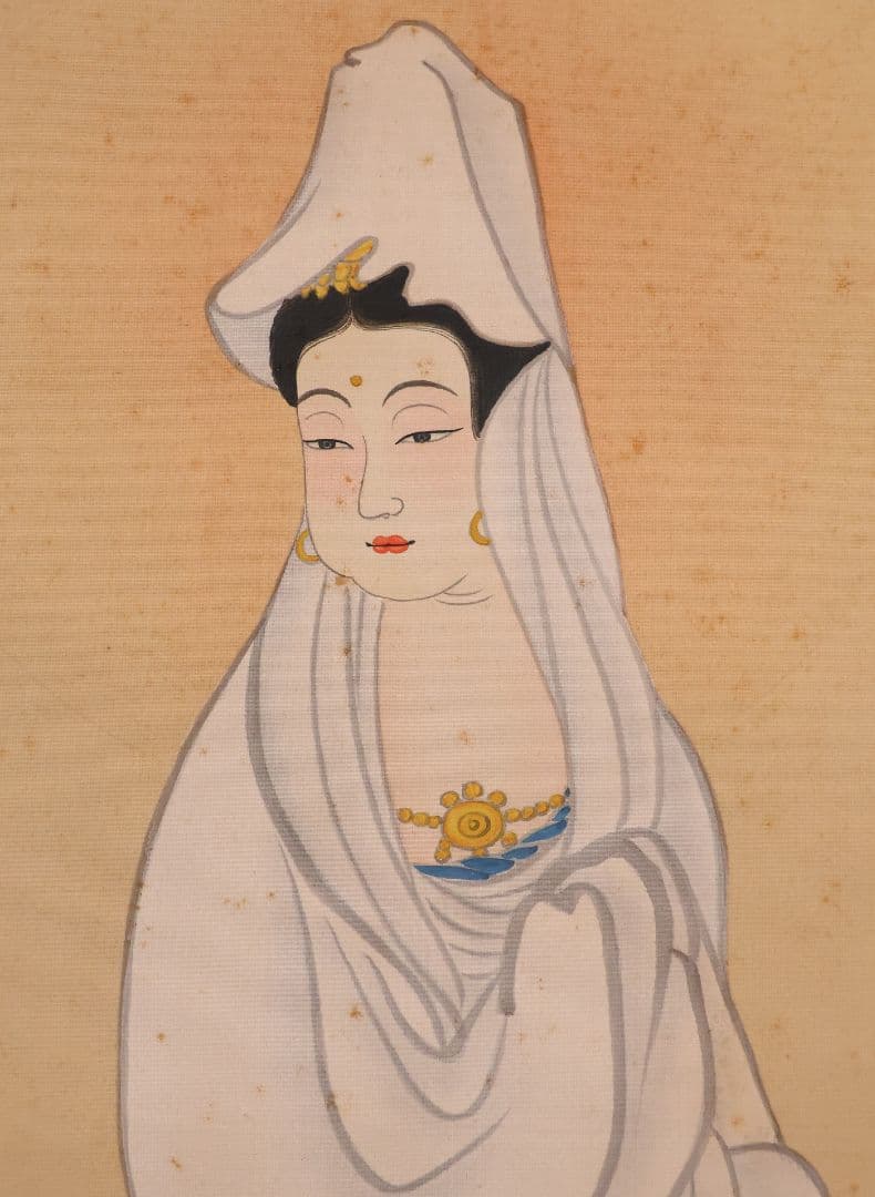 【模写】日本画 魚籃観音像 在銘 松堂 絹本 掛軸 木箱入り 仏画 MB233