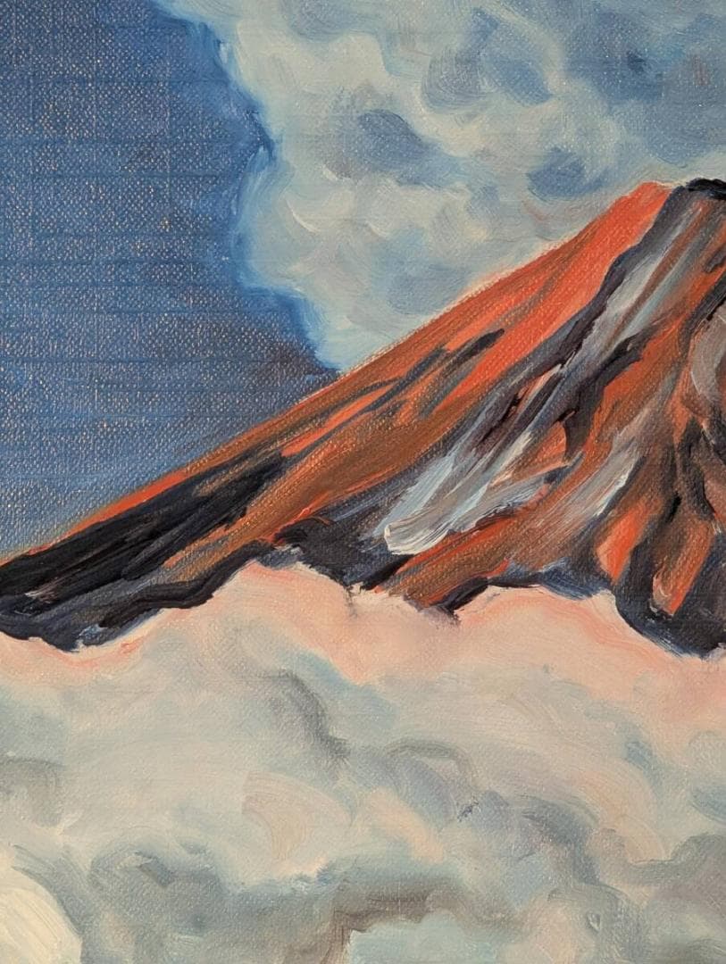 【真作】絵画　油彩4号　赤富士　雲海に映える神秘　黎明の富士　Y121