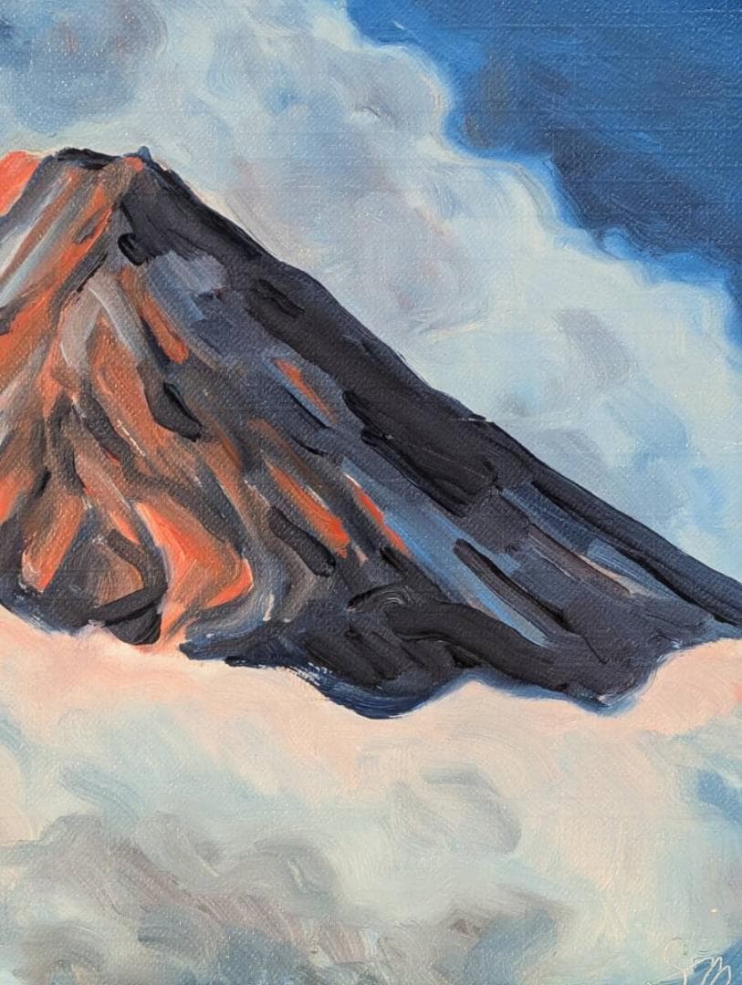 【真作】絵画　油彩4号　赤富士　雲海に映える神秘　黎明の富士　Y121