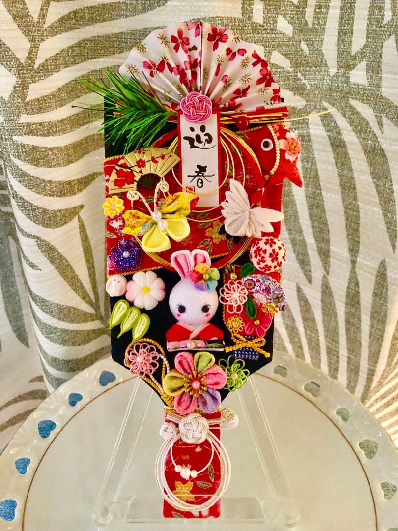 お正月羽子板飾り、つまみ細工飾り、ハンドメイド、壁飾り、置き飾り