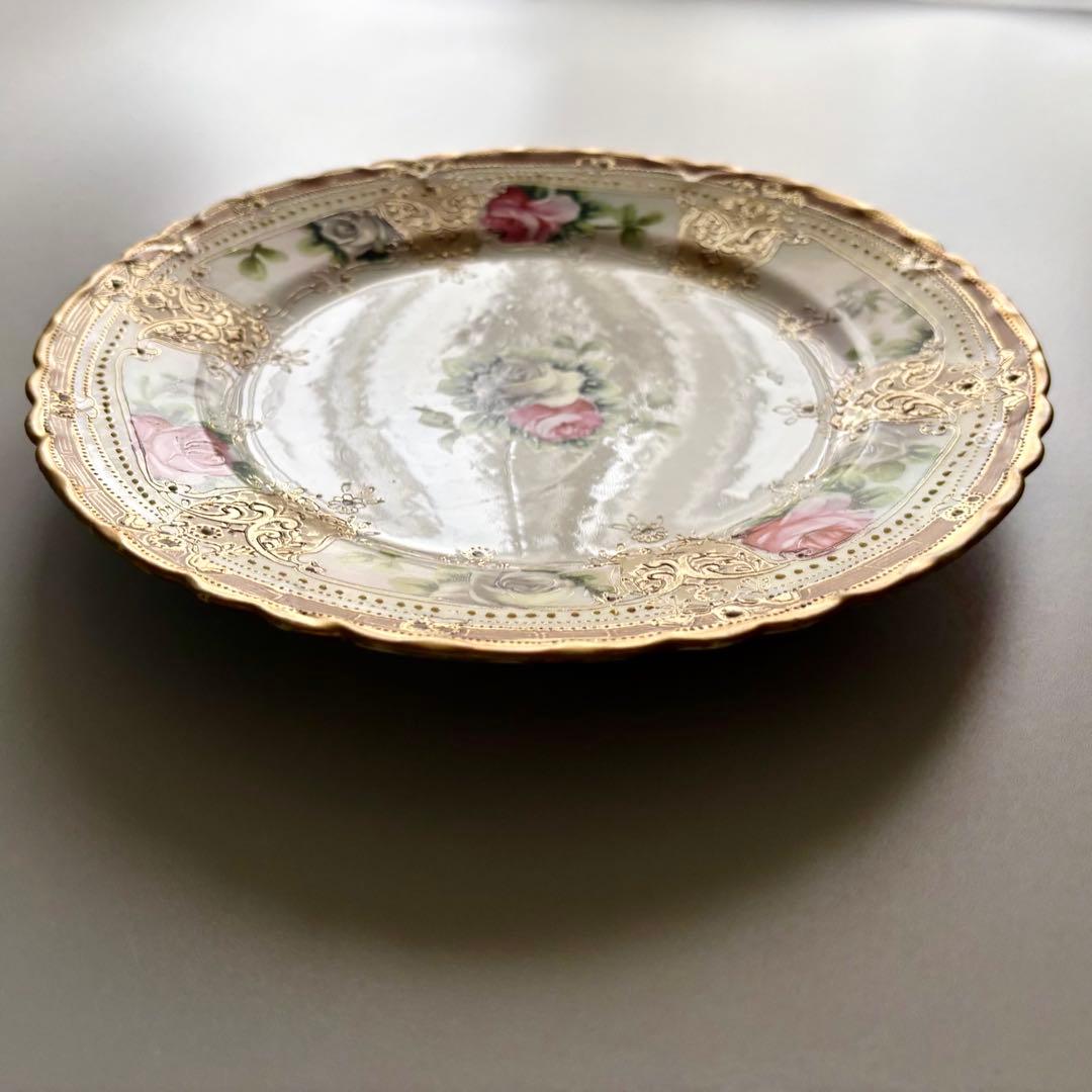 アンティーク　オールドノリタケ　初期メイプルリーフ印　薔薇金彩プレート【稀少品】