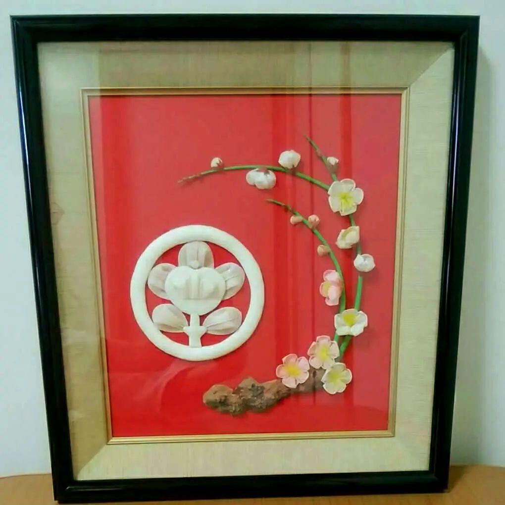 つまみ細工 つまみ画 つまみ絵 家紋 丸に橘 令和の梅の花 ハンドメイド 一点物