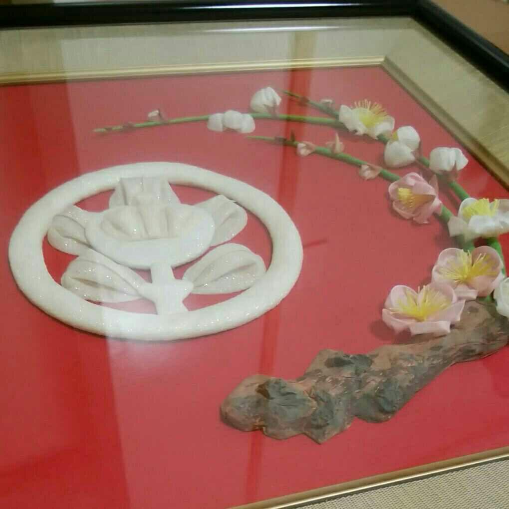 つまみ細工 つまみ画 つまみ絵 家紋 丸に橘 令和の梅の花 ハンドメイド 一点物