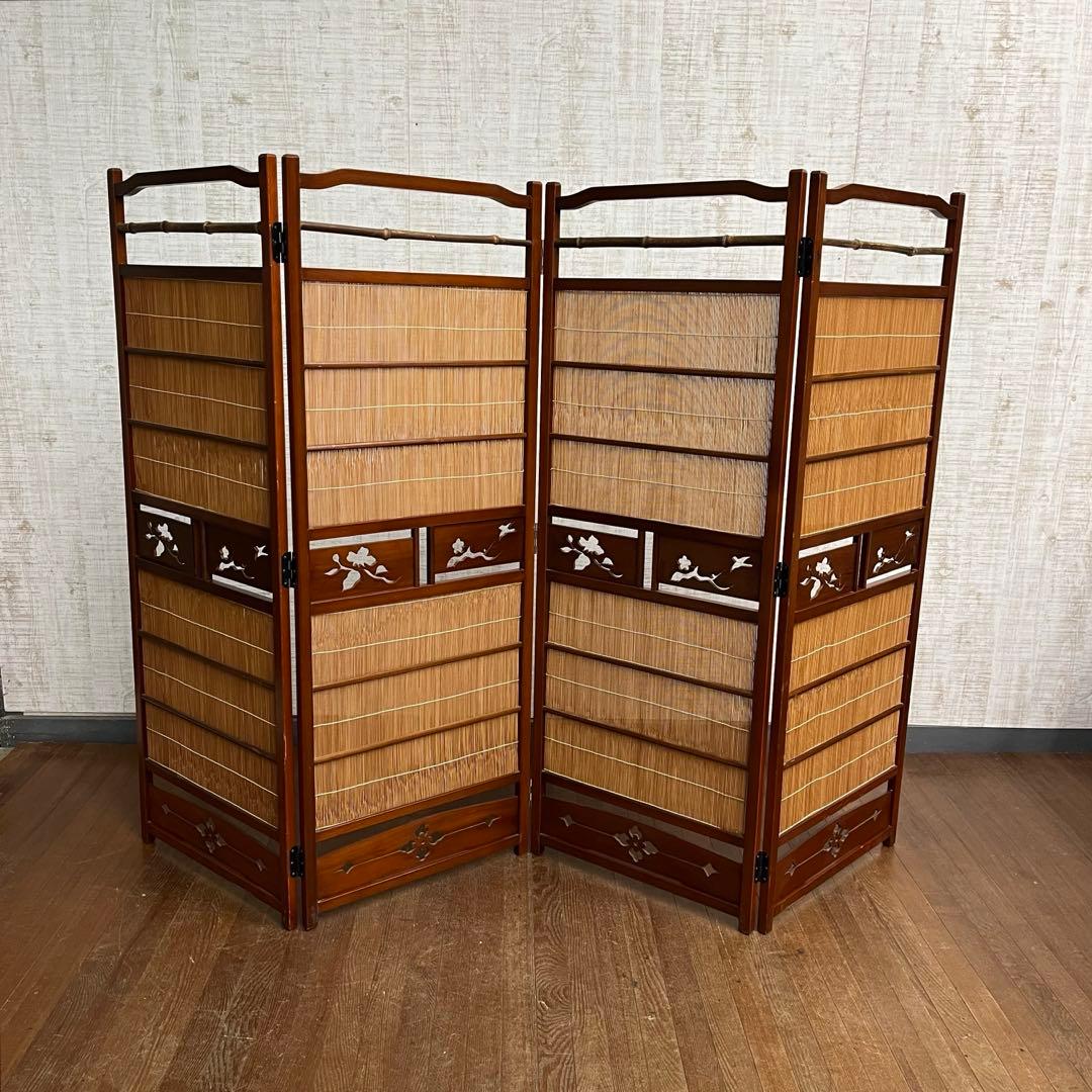 【アンティーク】昭和レトロ 4連 衝立 パーテーション 透かし彫り 古道具