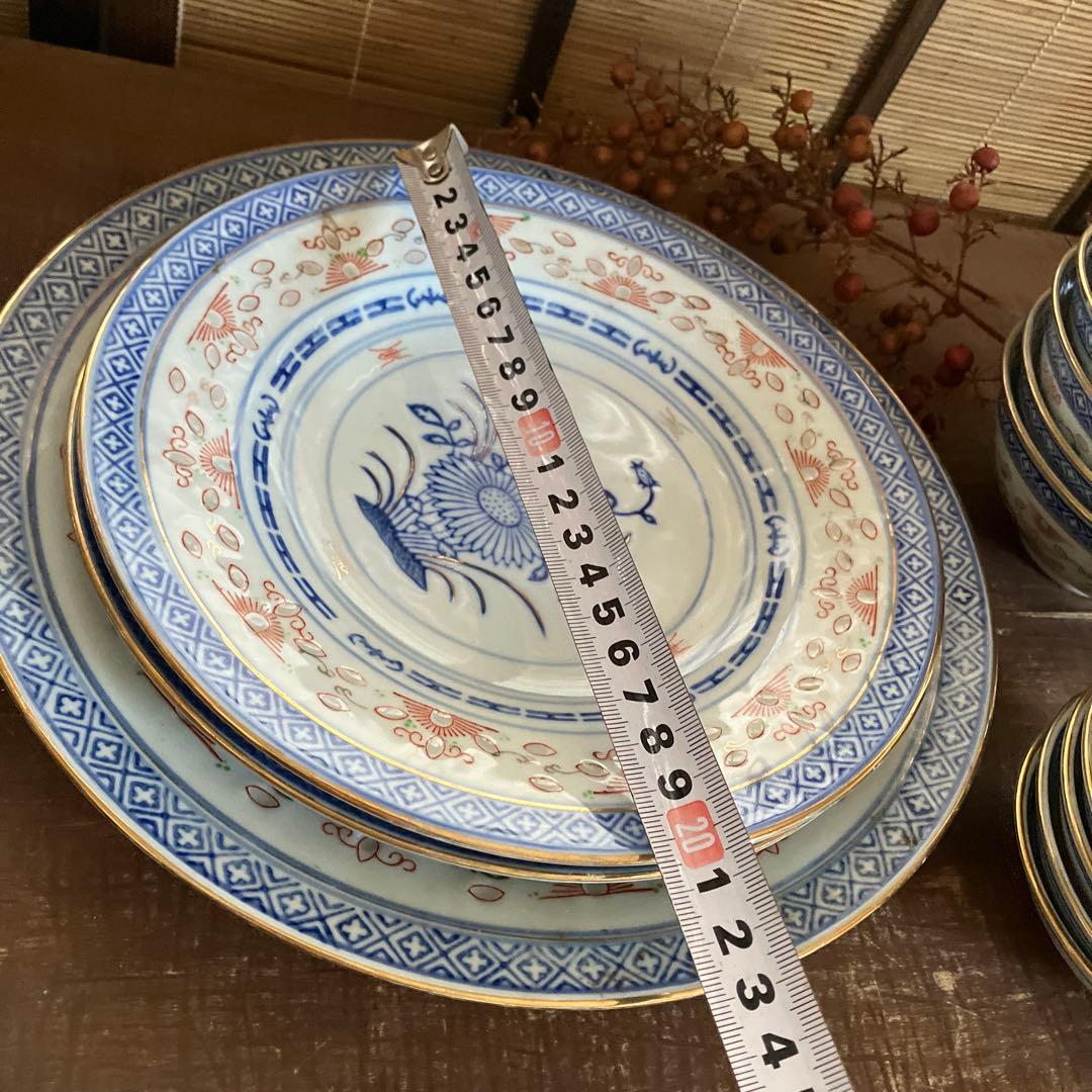 希少！【中国景徳鎮】蛍焼 大皿　小皿　ボウル　鉢　飯碗　金彩赤彩青花図