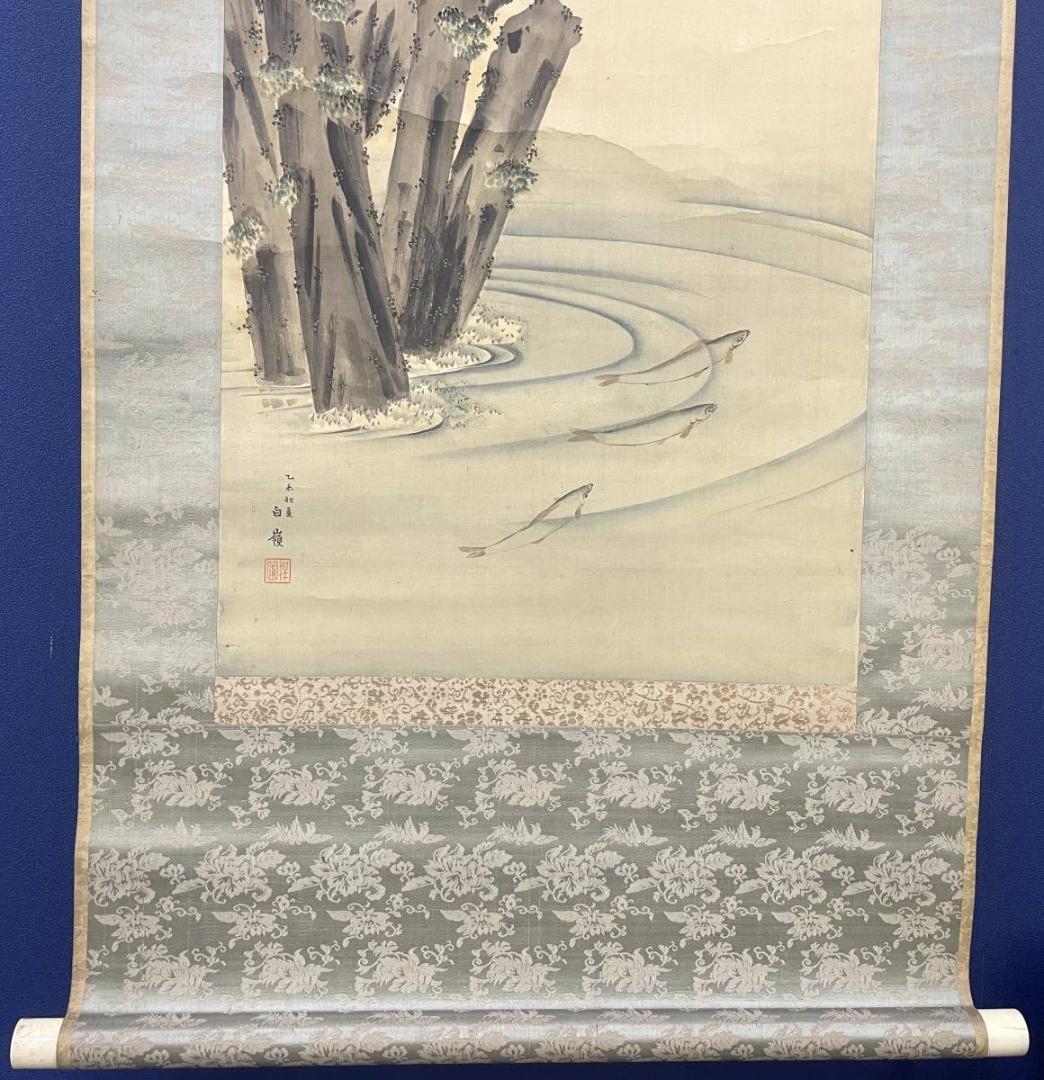 真作/白嶺/柳下翡翠図/カワセミ図/鮎/花鳥/魚/絹表装/布袋屋掛軸A-245