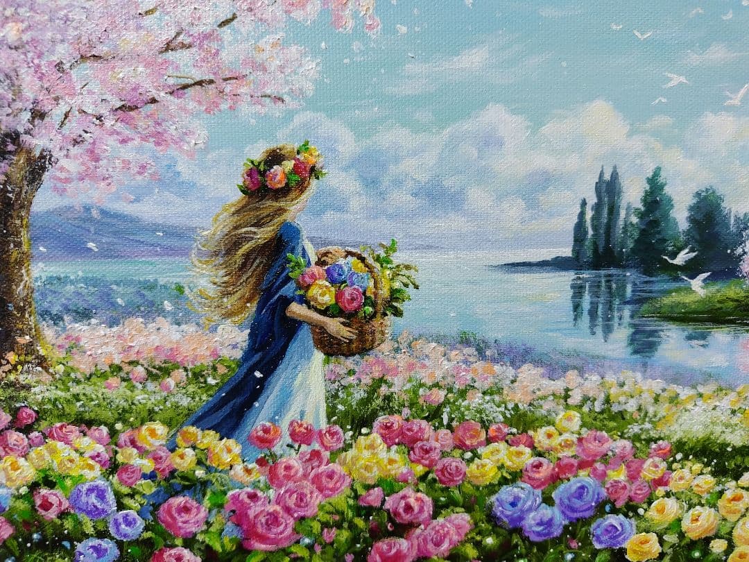 ま*る様 【花に囲まれて】アクリル画 F3 風景画 絵画