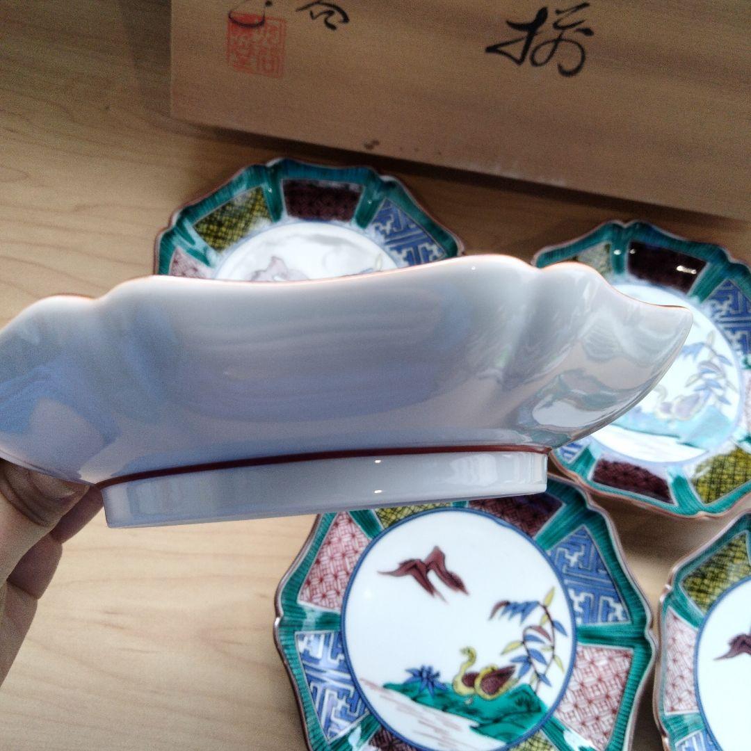 2-90 未使用　九谷焼　暁堂　八角皿揃　5枚セット　色絵　花鳥図　銘々皿