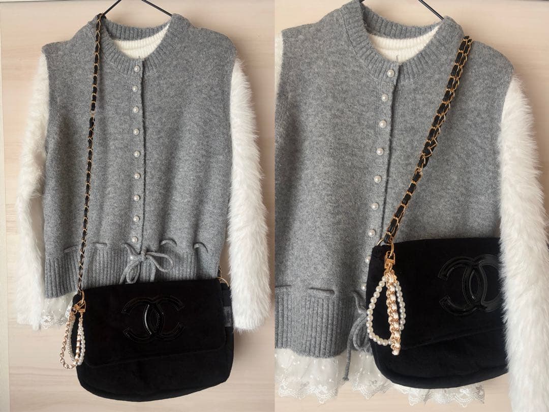 CHANEL 黒スエードバッグ パールストラップ付き
