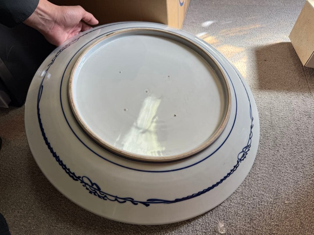 古伊万里 金襴手 花鳥楼閣文 大皿 明治初期 色絵飾皿 支釘跡五点 無銘 有田焼