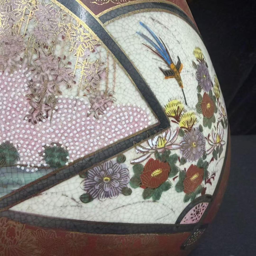 薩摩 大花瓶 扇面 金彩 獅子 双耳 連山 花鳥図 花瓶 飾壺 薩摩焼