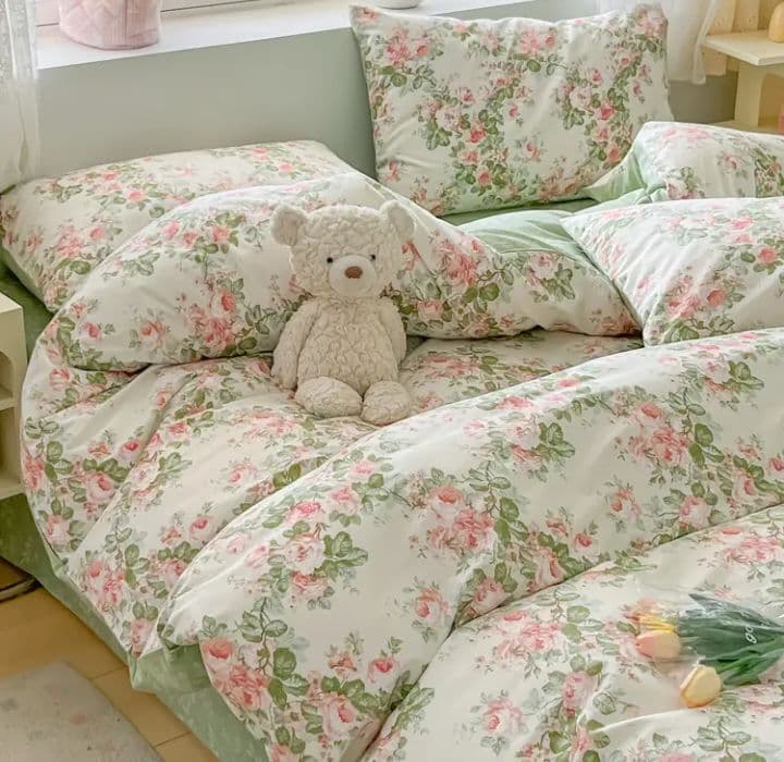 新品★フレッシュな薔薇ガーランド柄綿100%シングル掛け布団カバー枕カバーセット