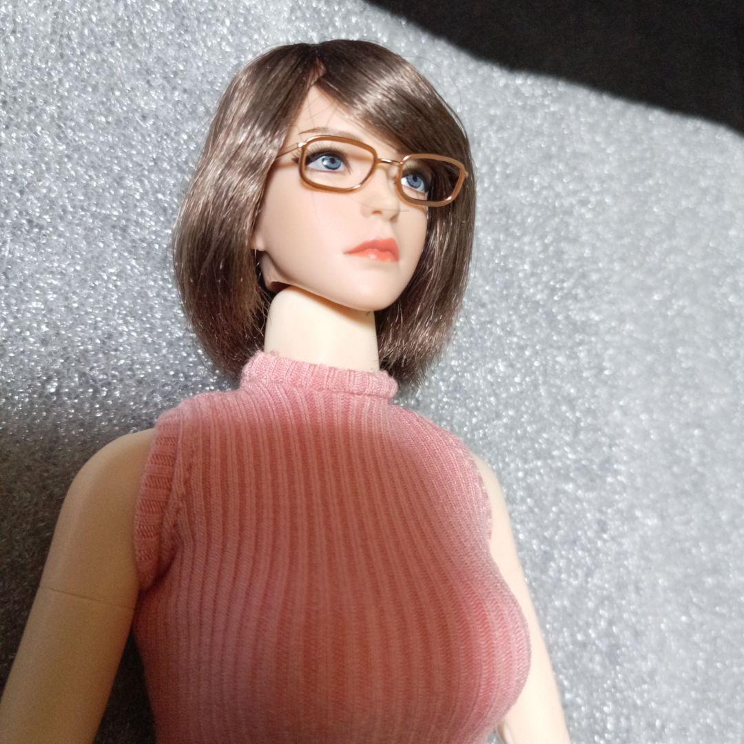 1/6 女性セミシームレス素体 ヘッド メガネ ノースリーブセーター スカート