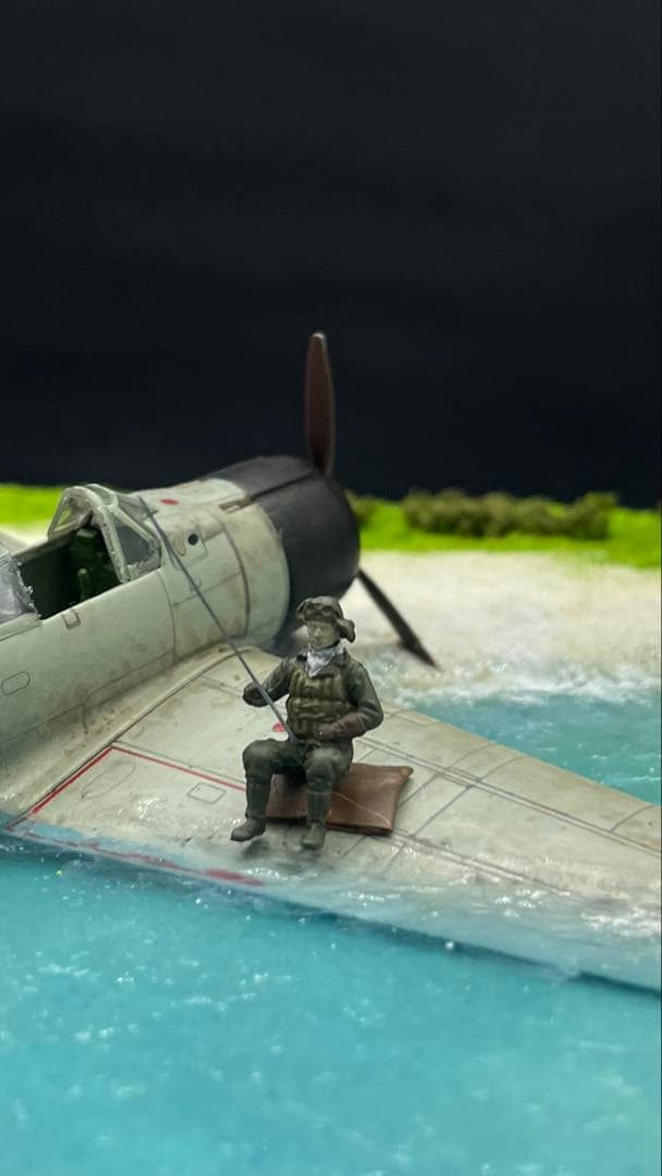 不時着した零戦と釣りを始める搭乗員　レジンジオラマ 完成品