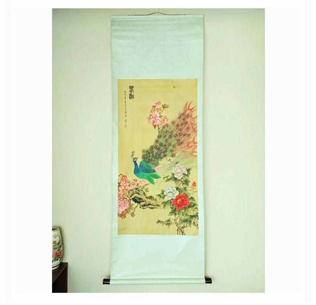金運開運◎【孔雀と蜂の吉祥花図】縁起物 掛け軸 和室小物 花鳥風月