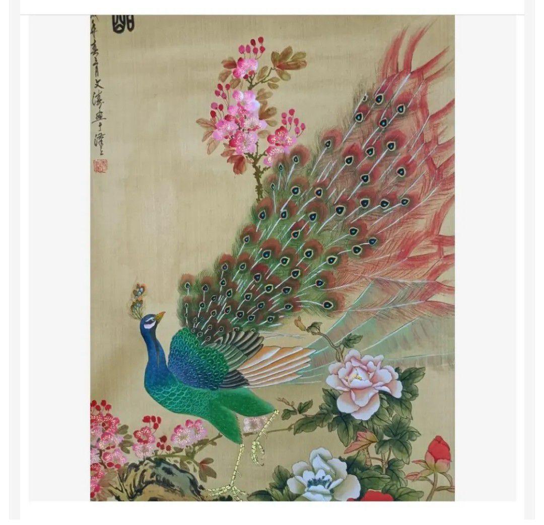 金運開運◎【孔雀と蜂の吉祥花図】縁起物 掛け軸 和室小物 花鳥風月
