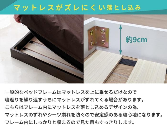 【ホワイト　セミダブル　マットレス付】便利な宮付きフロアベッド