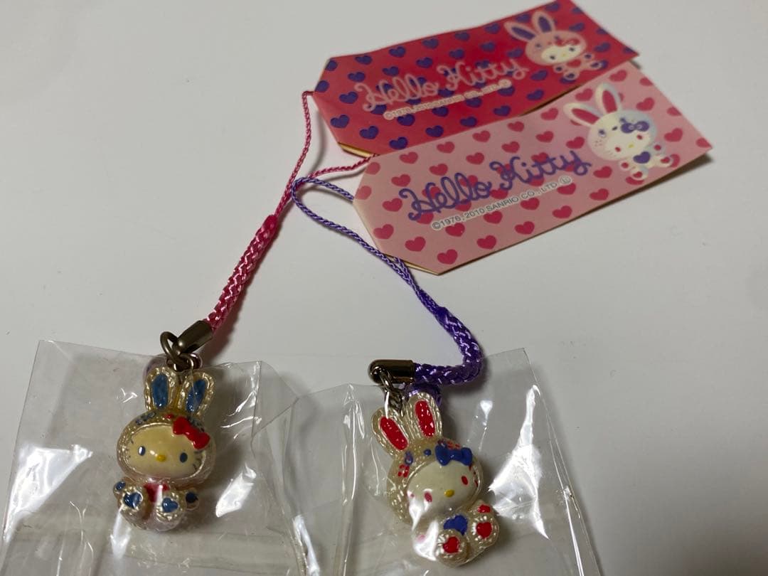 レア　ハローキティ　カラフルバニー根付　ピンク　ホワイト