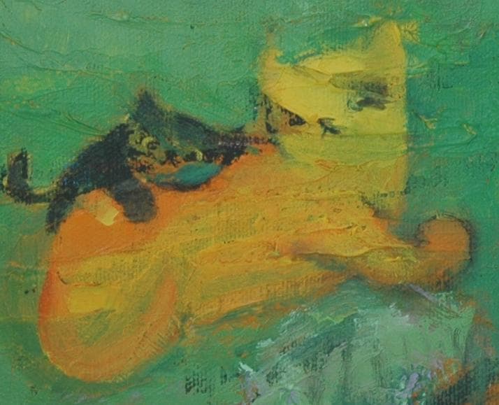 油絵 菅家令子 絵 絵画インテリア額付(青緑＋金色の枠)uF6-071219猫犬