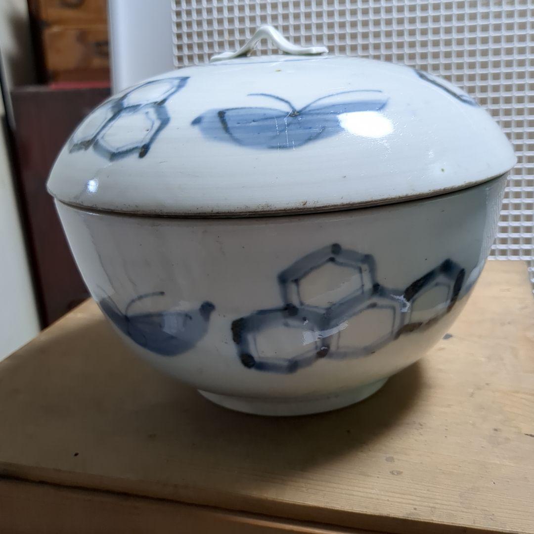 蓋つき煮物椀 蝶と丸型薩摩平佐焼箱付き大型時代物