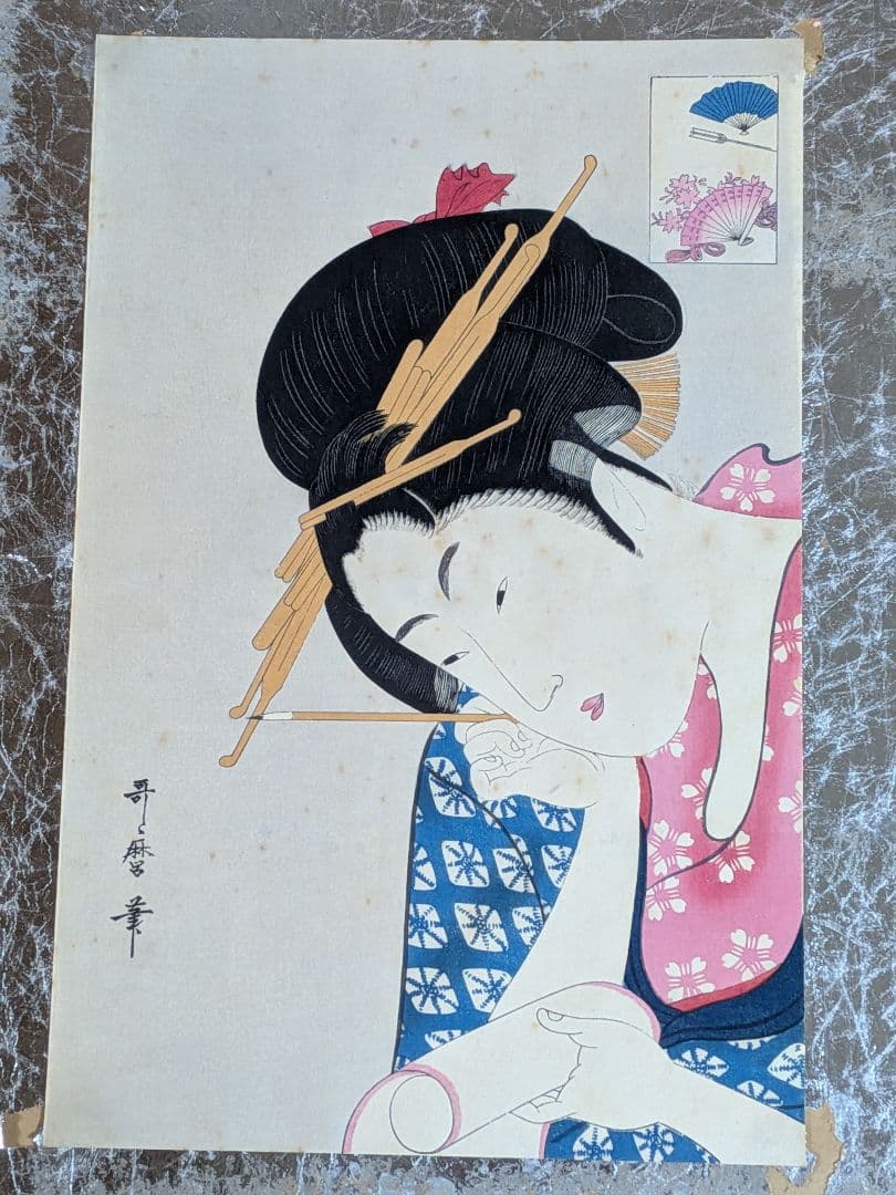 浮世絵美人画高名美人六家撰扇屋花扇額装縦５０Ｘ横４０Ｘ厚さ３センチ額装詳細不明品