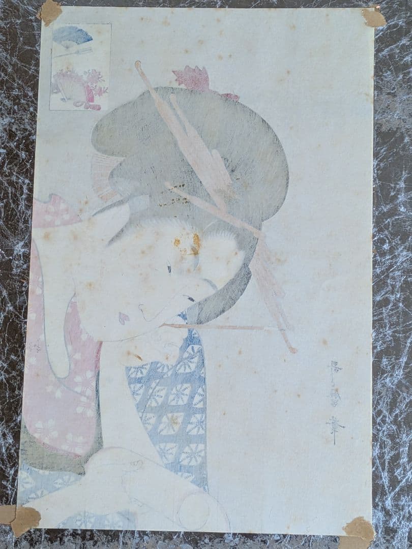 浮世絵美人画高名美人六家撰扇屋花扇額装縦５０Ｘ横４０Ｘ厚さ３センチ額装詳細不明品