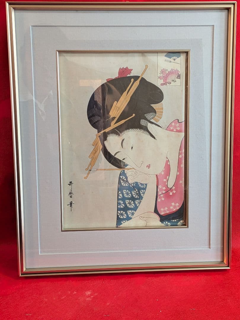 浮世絵美人画高名美人六家撰扇屋花扇額装縦５０Ｘ横４０Ｘ厚さ３センチ額装詳細不明品