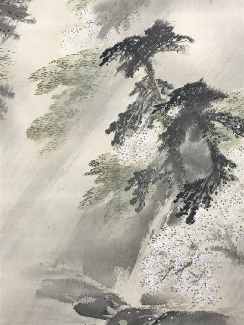 【真作】吉谷清馨/嵐峡春雨図/山水図/嵐山春景図/掛軸/名家伝来/AC-605