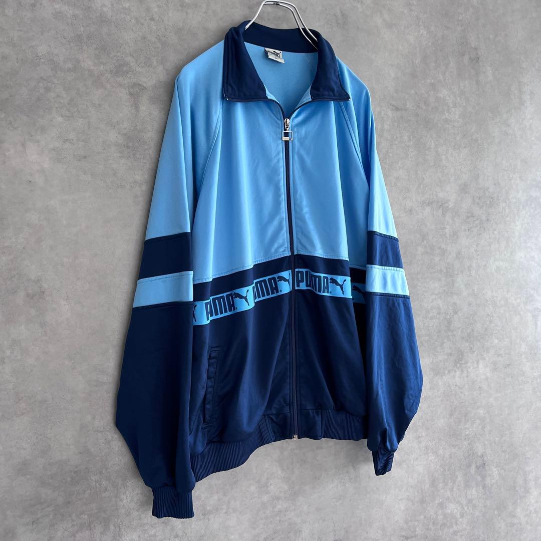 90s PUMA プーマ トラックジャケット XL ブルー×ネイビー背面プリント