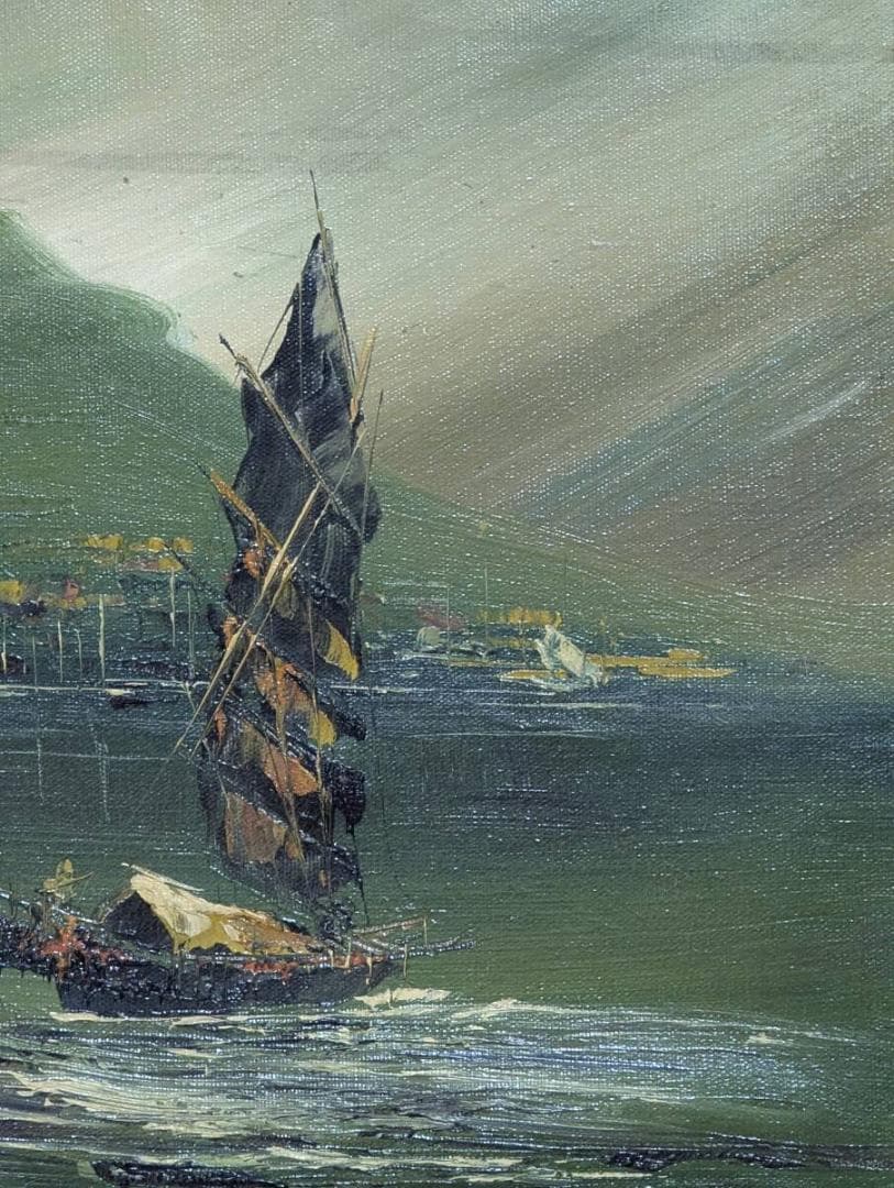【真作】絵画　油彩6号　帆船と港町の風景画　荒波を進む小舟　油彩画　Z142