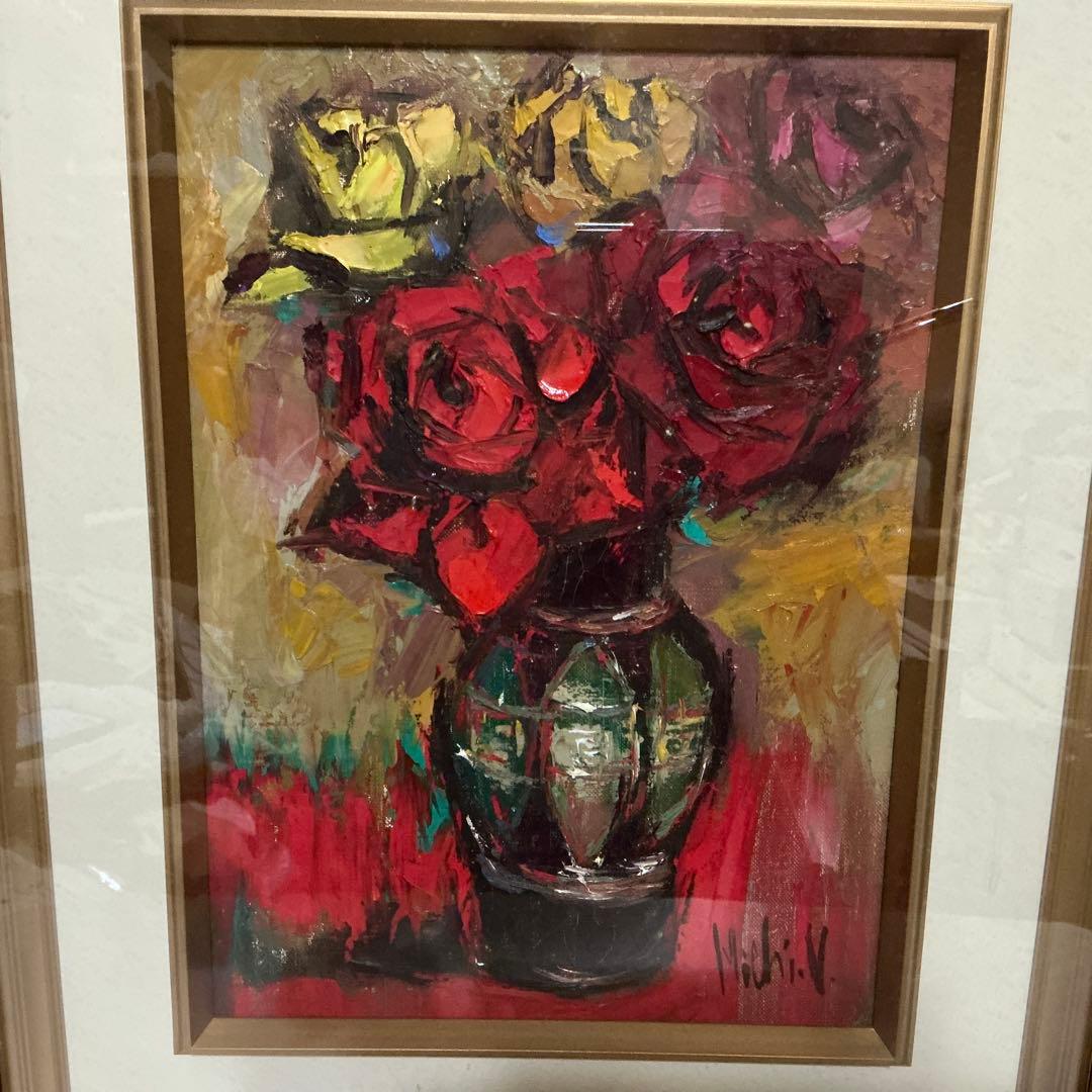 【真作】　長尾美智子　油絵　『薔薇』　F4号　サイン・裏書き有　額装