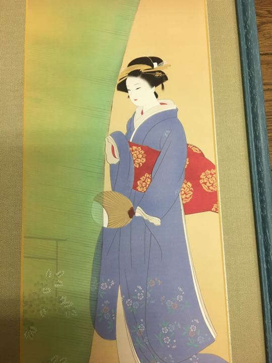 夏の夕 カヤの外は アジサイの花  夏らしい日本画版画47センチ×22センチ