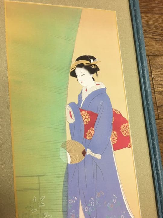 夏の夕 カヤの外は アジサイの花  夏らしい日本画版画47センチ×22センチ