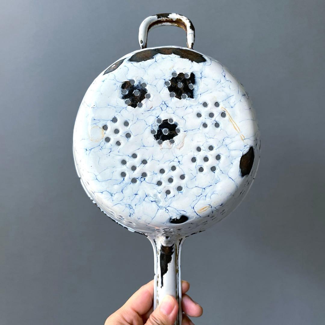 フランス BROCANTE ホーロー水切りコランダー 片手鍋 水色マーブル