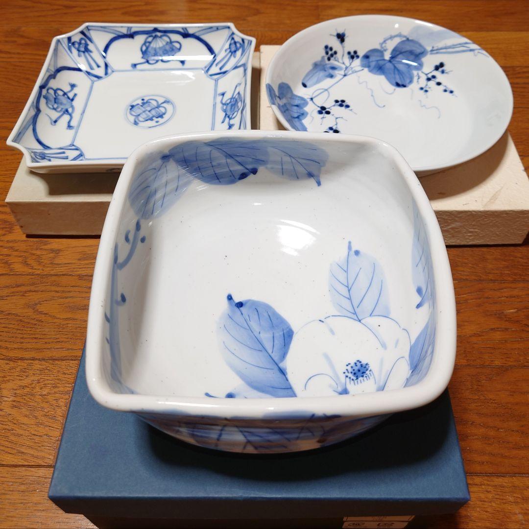 【新品未使用】九谷焼 眉石 安東早苗 香祥 紅椿 鉢 染付け 3個
